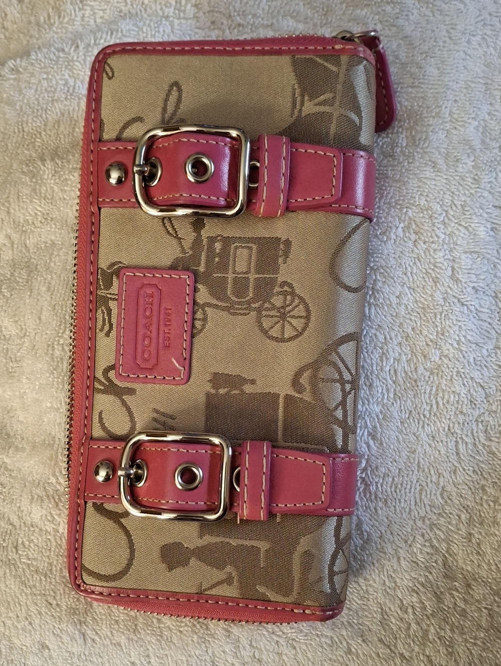 Coach Signature Canvas Wallet with Pink Trim and Buckle Accents